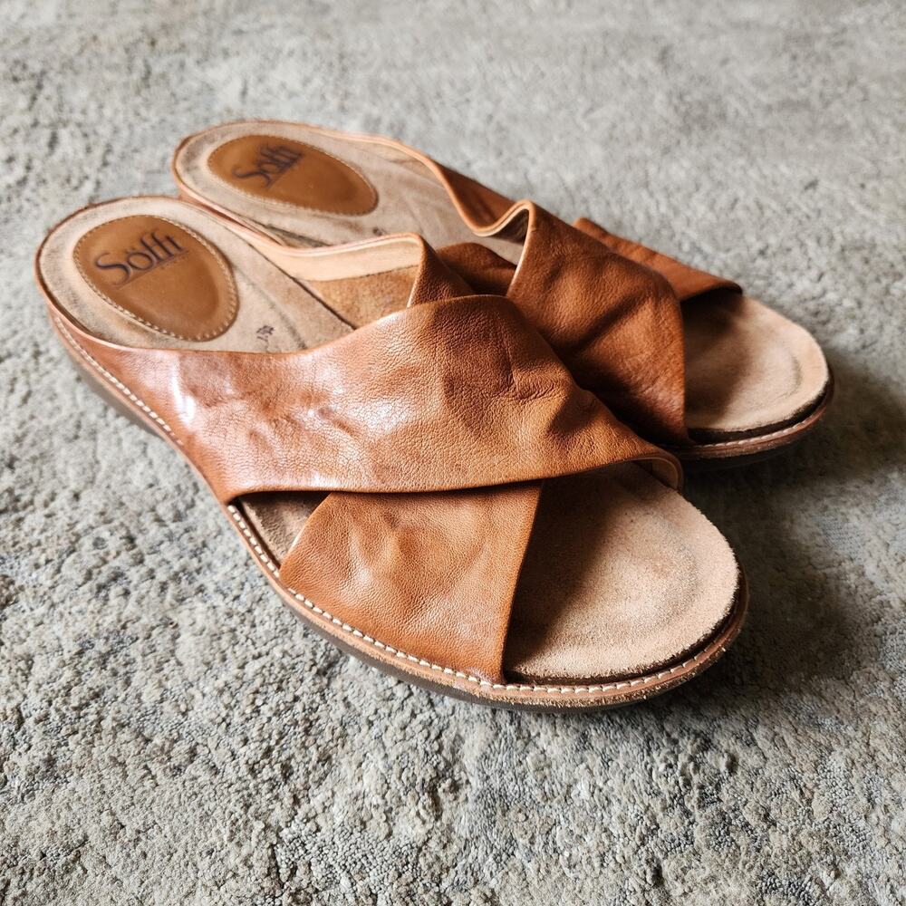 Sofft Brylee Women's Size 10 Brown Leather Sandals Luggage Criss Cross Slide